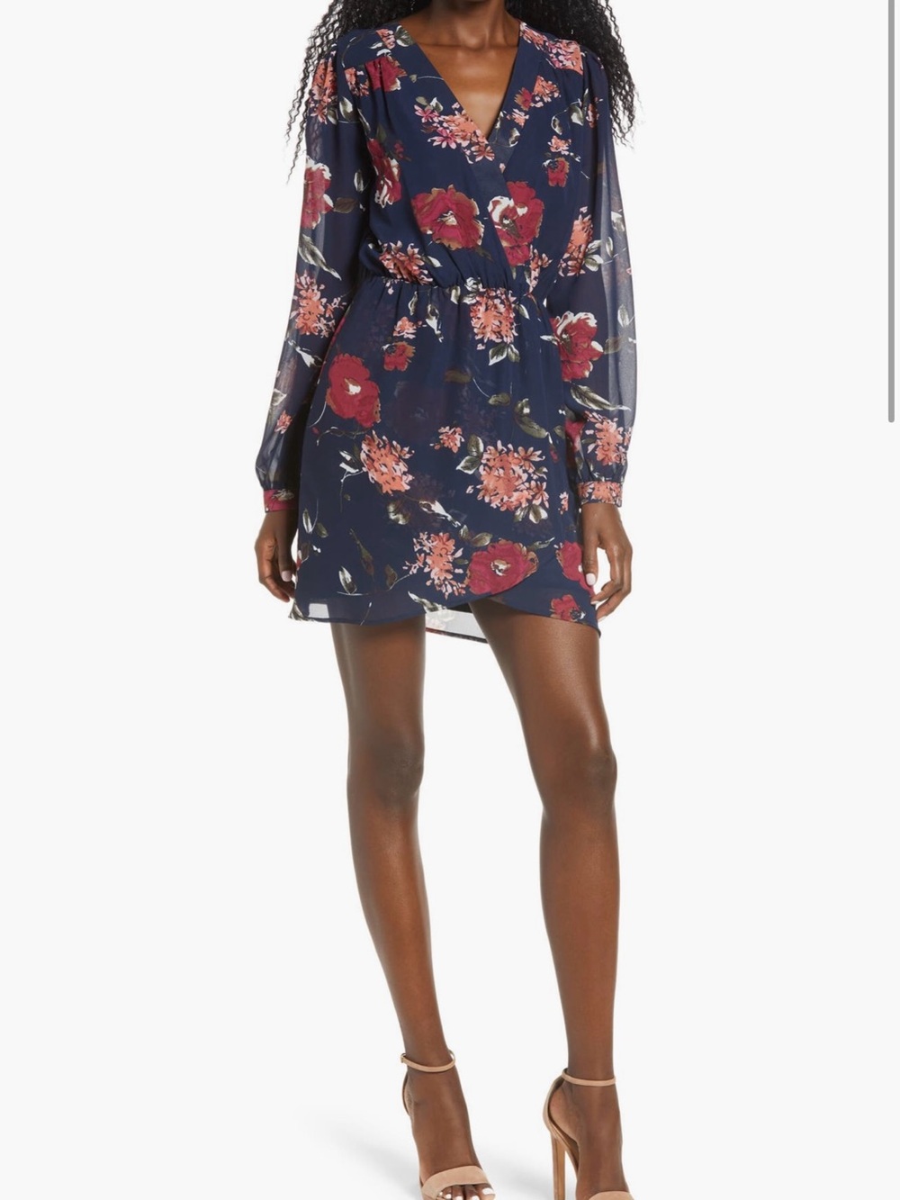 Lulus Navy Floral Wrap Dress with Pink & Coral Blooms